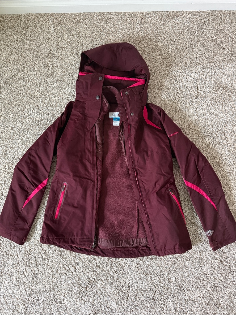 Columbia Bugaboo Women's Burgundy Ski Jacket with Pink Trim